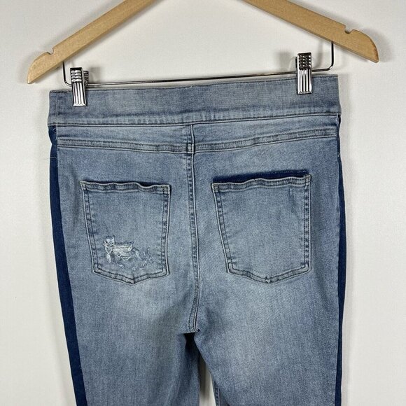 SPANX Jeans Women's Large Blue Two Tone Distressed Ankle Skinny Pull On jeans - Picture 8 of 11